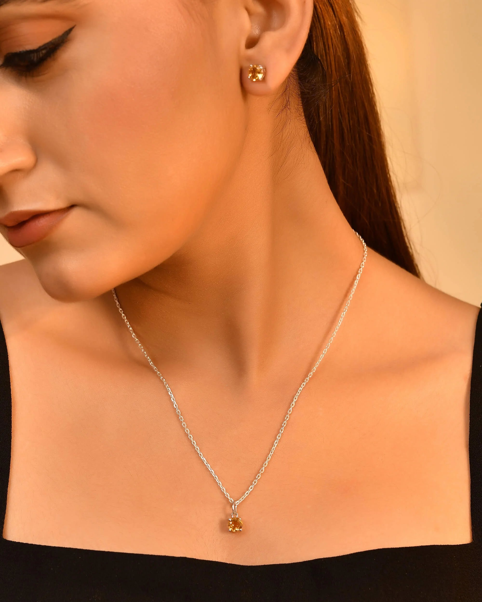 Gold Plated Sterling Silver Yellow Citrine Round-Cut Pendant Studs Set Engagement Wedding Party Anniversary Jewelry Everyday