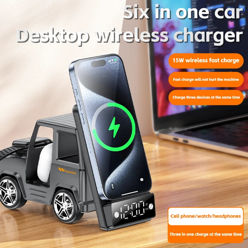 Hot Car Shape Wireless Charging Speaker 15w Charging Station With Speaker Transparent Wireless Charging Station With Alarm Clock