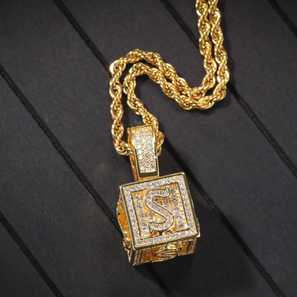 A-Z Single Stereoscopic Square Letter Pendant Initial Rapper Necklace Gold Silver Color Cubic Zircon Men Women Hip Hop Jewelry