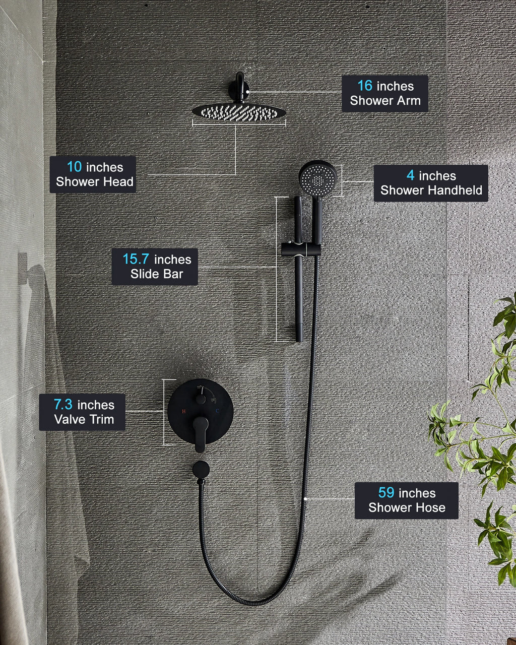 FLG Matte Black Bathroom Stainless Steel Shower Hot and Cold  in High Pressure Rainfall Wall Mount Concealed Shower Set