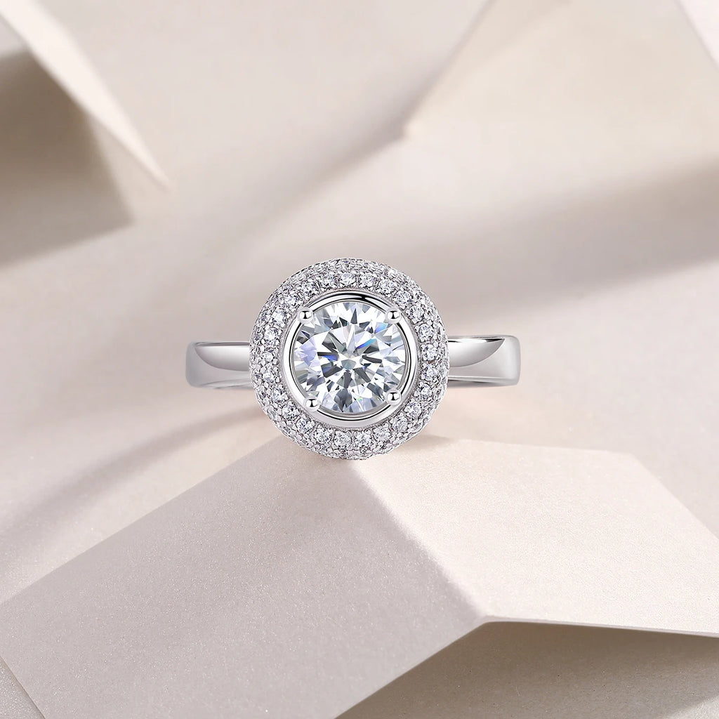 Elegant Halo Moissanite Ring in White Gold Plated S925 Sterling Silver Timeless Bridal Band with Sparkling Accents Luxury Ring