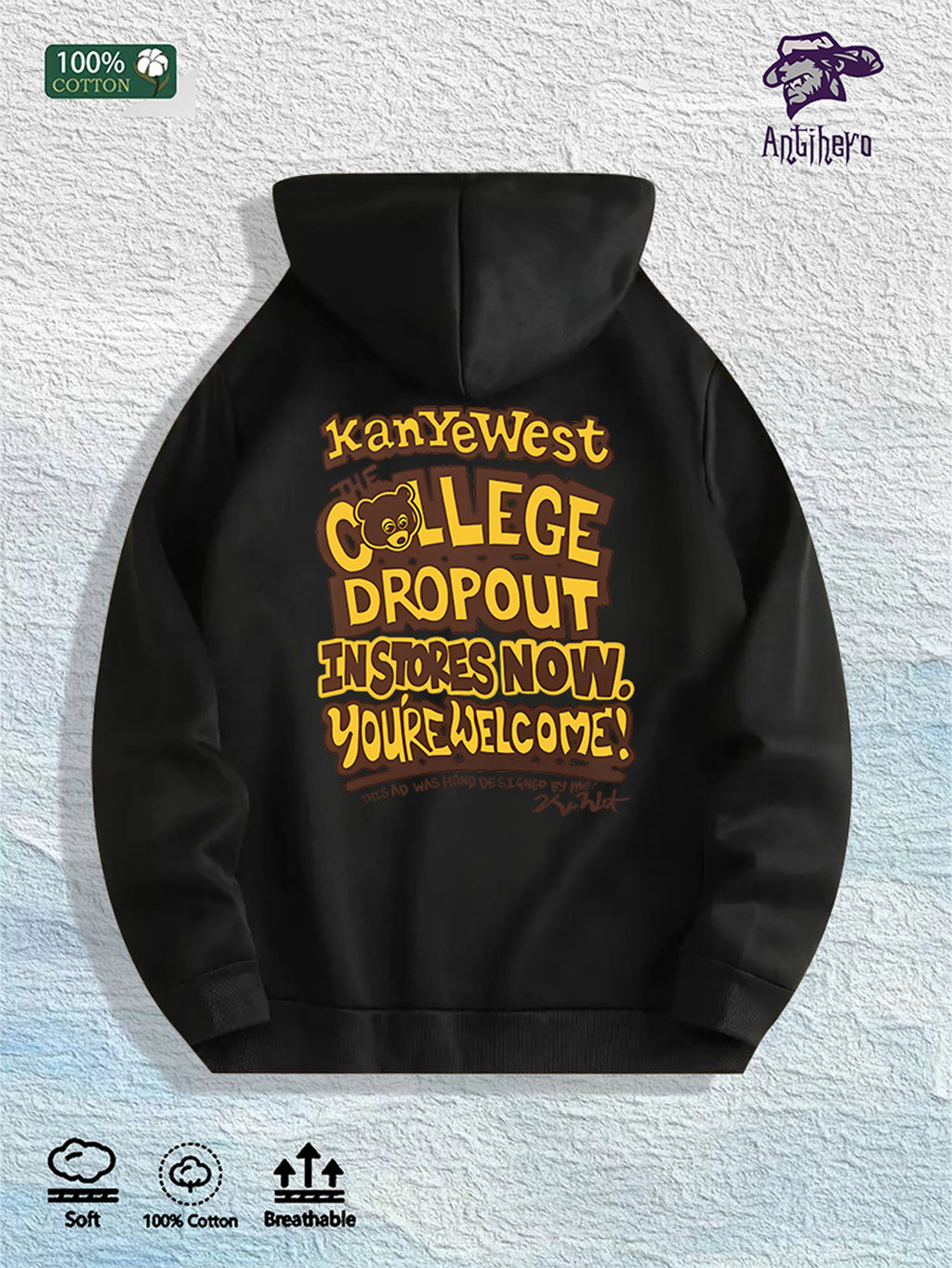 Kanye West "College Dropout" Graphic Hoodie 100% Cotton US Warehouse 7 Colors