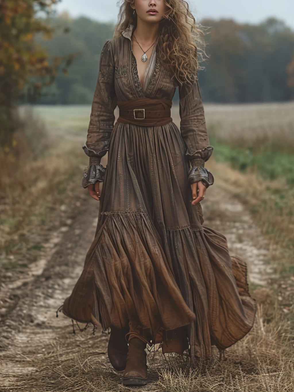 Vintage Women's Rustic Casual Dress Long Sleeve V-Neck Maxi Sexy Natural Spring Solid Pattern Front Pleating Digital Breathable