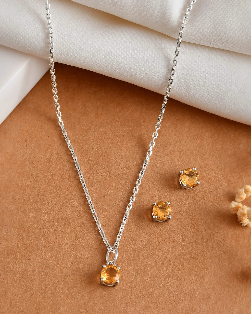 Gold Plated Sterling Silver Yellow Citrine Round-Cut Pendant Studs Set Engagement Wedding Party Anniversary Jewelry Everyday