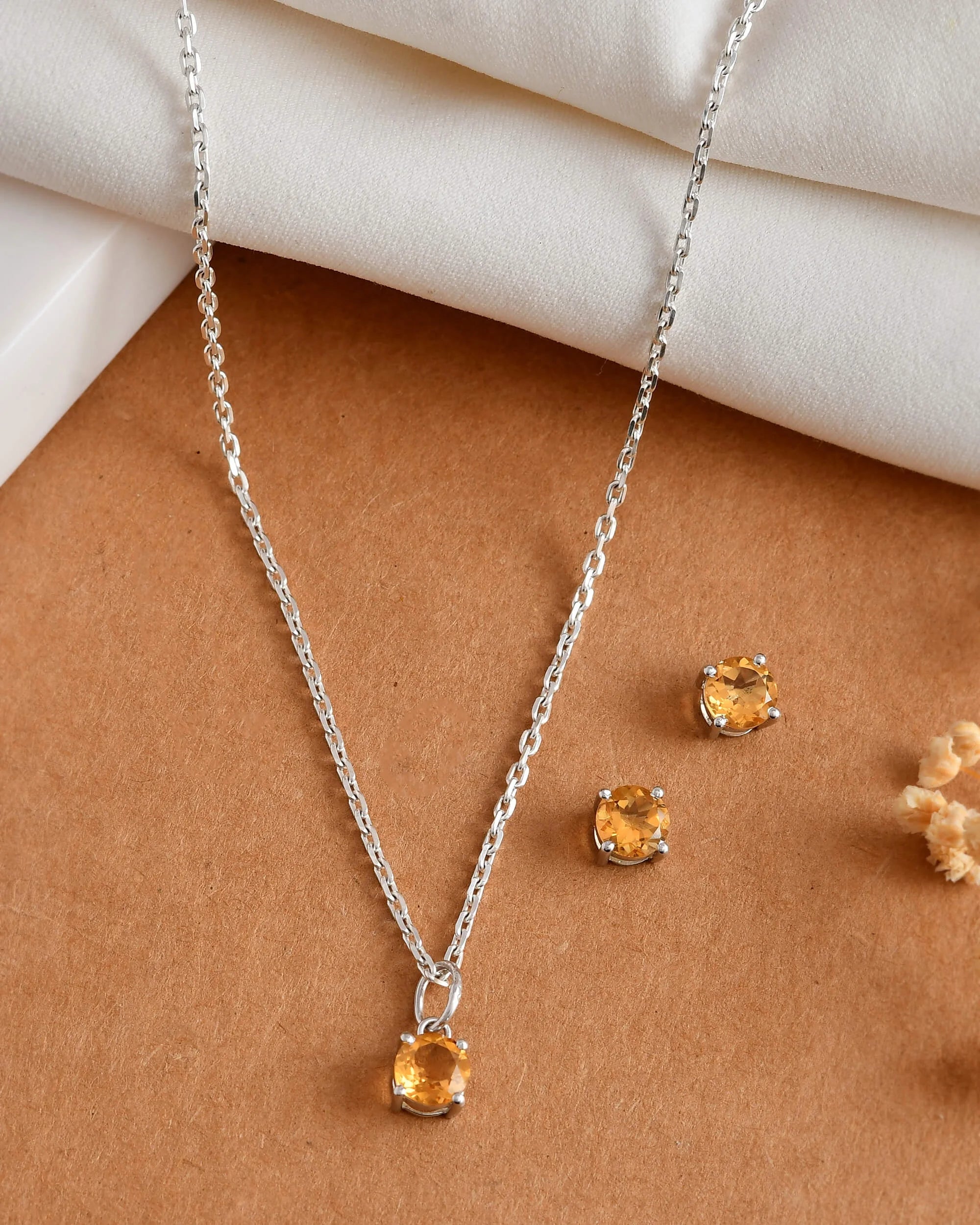 Gold Plated Sterling Silver Yellow Citrine Round-Cut Pendant Studs Set Engagement Wedding Party Anniversary Jewelry Everyday