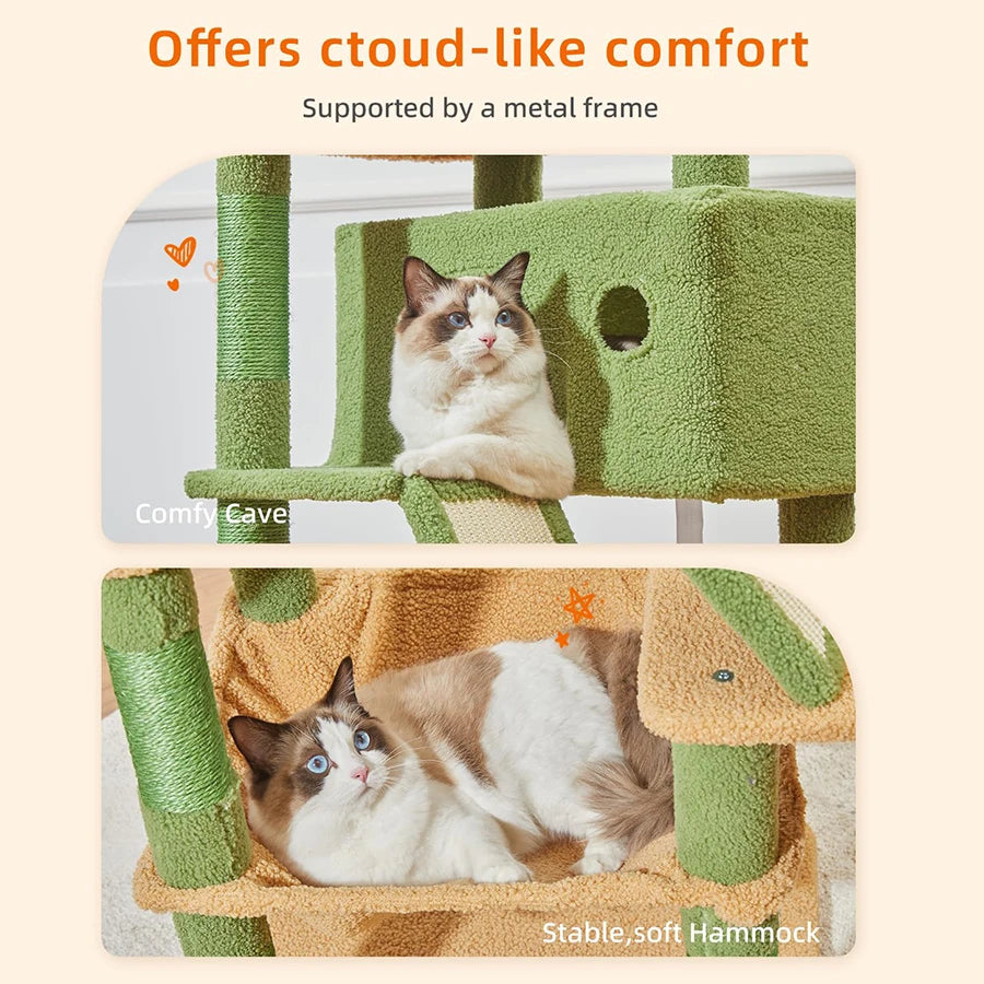 Discount Modern Large Luxury Cactus Cat Tree & Scratcher with Sisal Scratching Post Plush Cat House Customized Wood Cat Tower