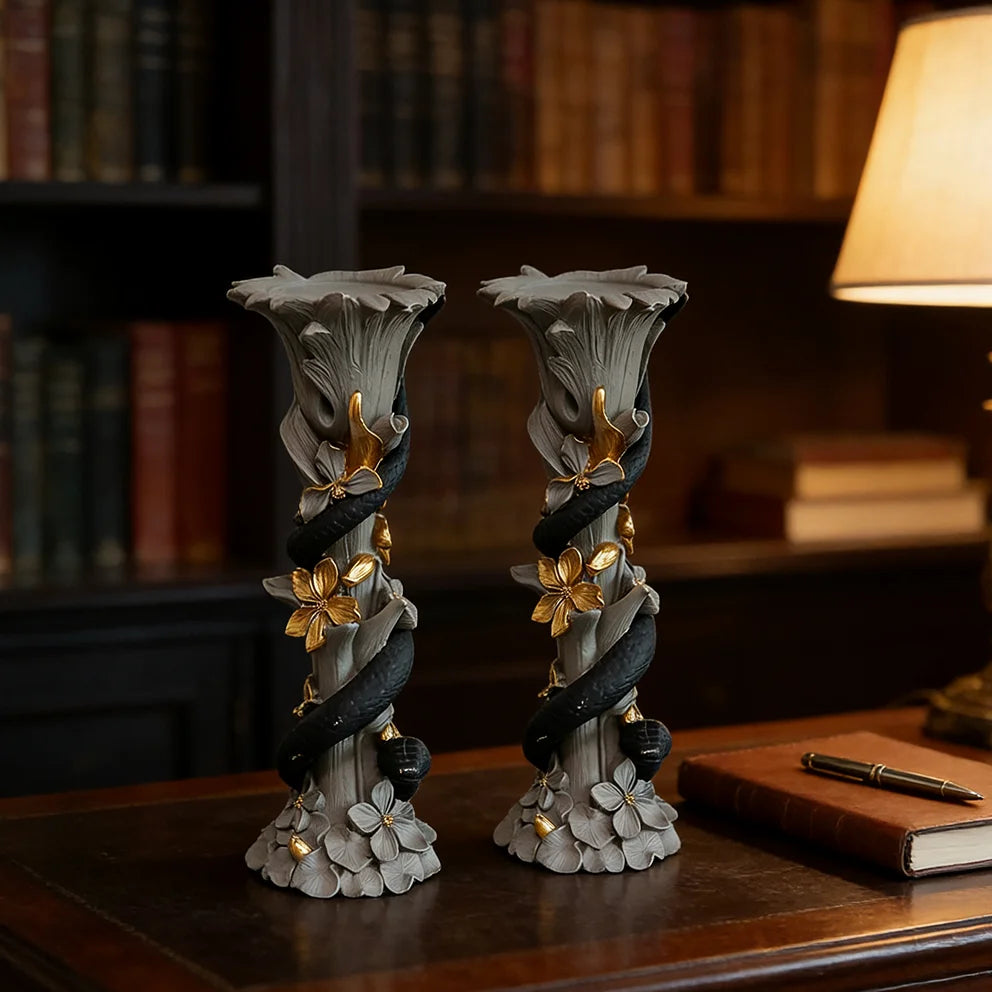 Resin Flower-leaf Pattern Snake-shaped Candle Holder Hand-painted Assembly Design Exquisite Item Creating Refined Atmosphere