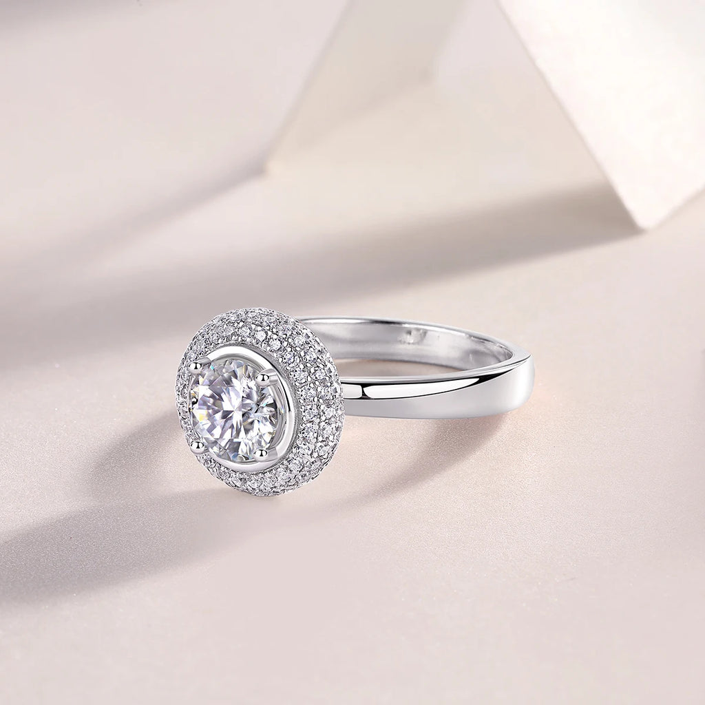Elegant Halo Moissanite Ring in White Gold Plated S925 Sterling Silver Timeless Bridal Band with Sparkling Accents Luxury Ring
