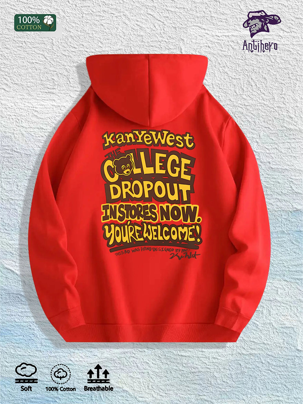 Kanye West "College Dropout" Graphic Hoodie 100% Cotton US Warehouse 7 Colors