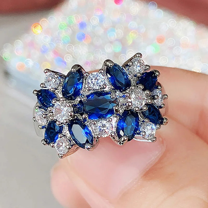 A038 Flower Cluster Ring Women's Lab Created Cubic Zirconia Oval Prong Setting Party Fashion Rings