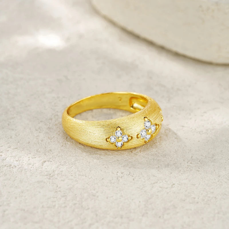18K Gold Plated Wide Band Ring, Round Moissanite Flower Motif Brushed Finish Statement Stackable Ring for party Daily Wear
