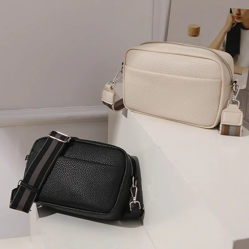 Solid Square Women Crossbody Bags Wide Fabric Strap Bag Ladies Fashion Handbags Zipper Leather Women Shoulder Bags