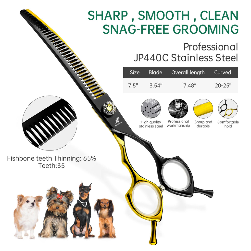 7.5inch Black&Gold Japan 440c Curved Fishbone/Dense Scissors  Paint  Shaped Scissors Pet Grooming Veterinary  Scissors PT-173