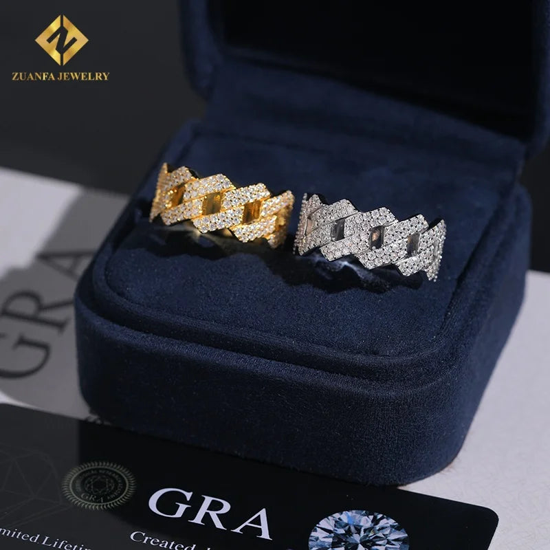 Hot Sale Fashion New Design Gold and Silver Moissanite  Ring Full Diamond GRA Certificates Pass Diamond Tester Hip Hop Style