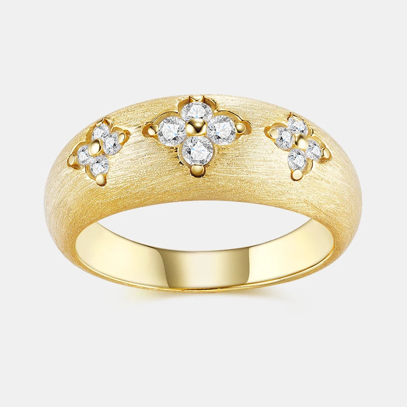 18K Gold Plated Wide Band Ring, Round Moissanite Flower Motif Brushed Finish Statement Stackable Ring for party Daily Wear
