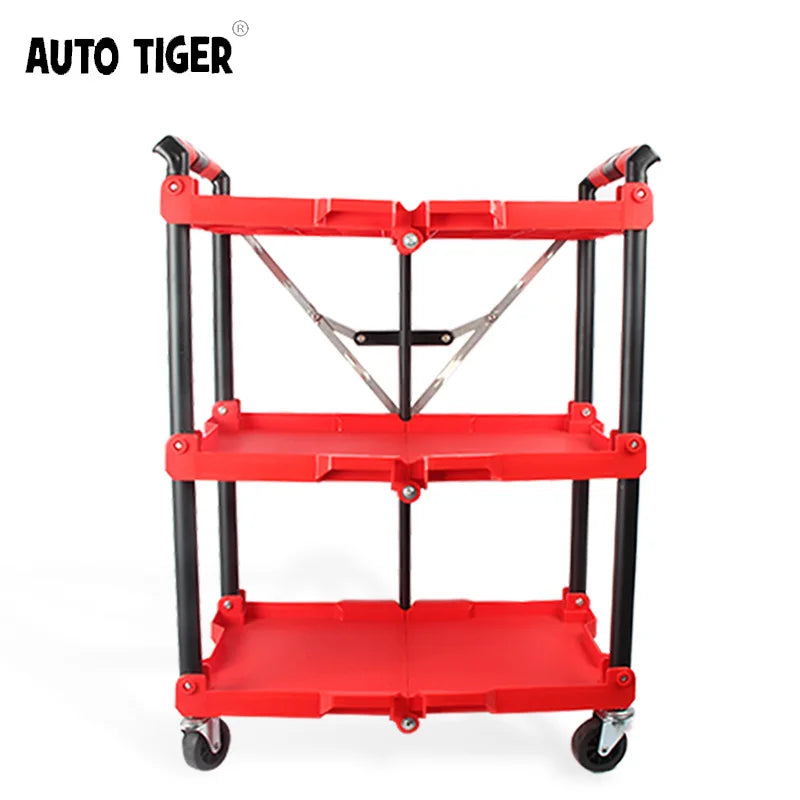 AUTO TIGER Red Newest Foldable in Three LayersMultifunction Plastic Rolling Cart Working Trolley Tools