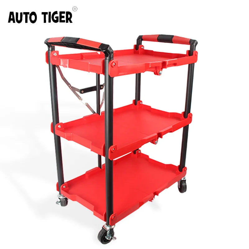 AUTO TIGER Red Newest Foldable in Three LayersMultifunction Plastic Rolling Cart Working Trolley Tools