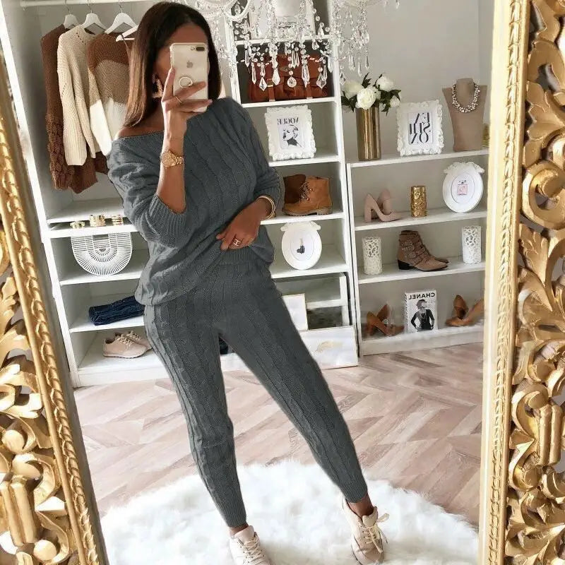 YP Women's Plus Size Casual Style S-334 Winter Thick Two-Piece Sweater and Pant Set 2 Piece Knitted Sweater Set