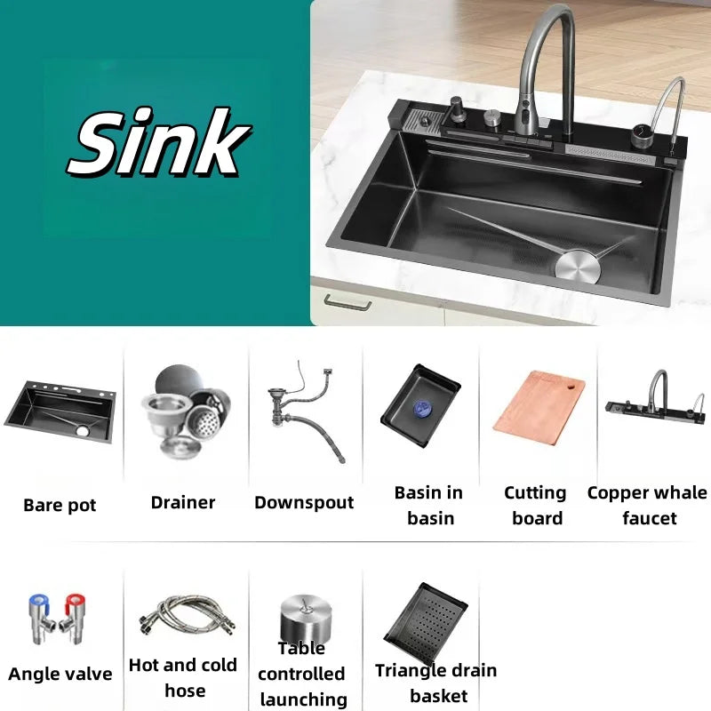 Handmade Modern Stainless Steel Single Bowl Kitchen Sink Faucet Waterfall Digital Pull Design Cup Washer Smart Undermount Nano