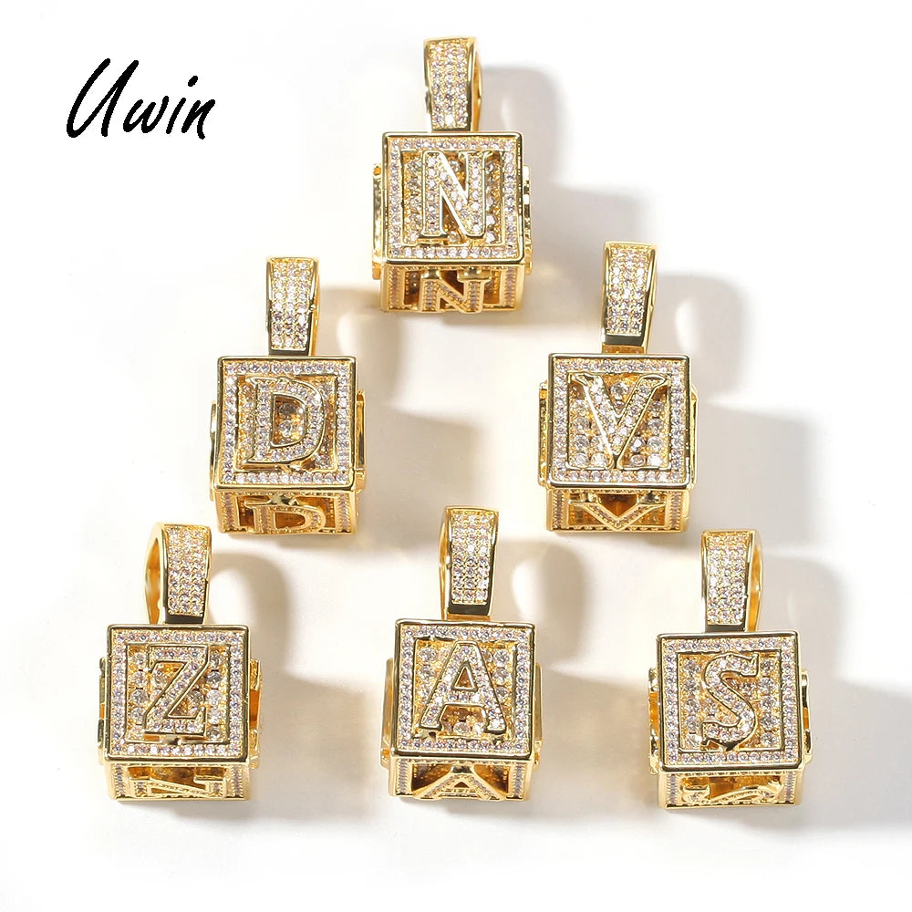 A-Z Single Stereoscopic Square Letter Pendant Initial Rapper Necklace Gold Silver Color Cubic Zircon Men Women Hip Hop Jewelry