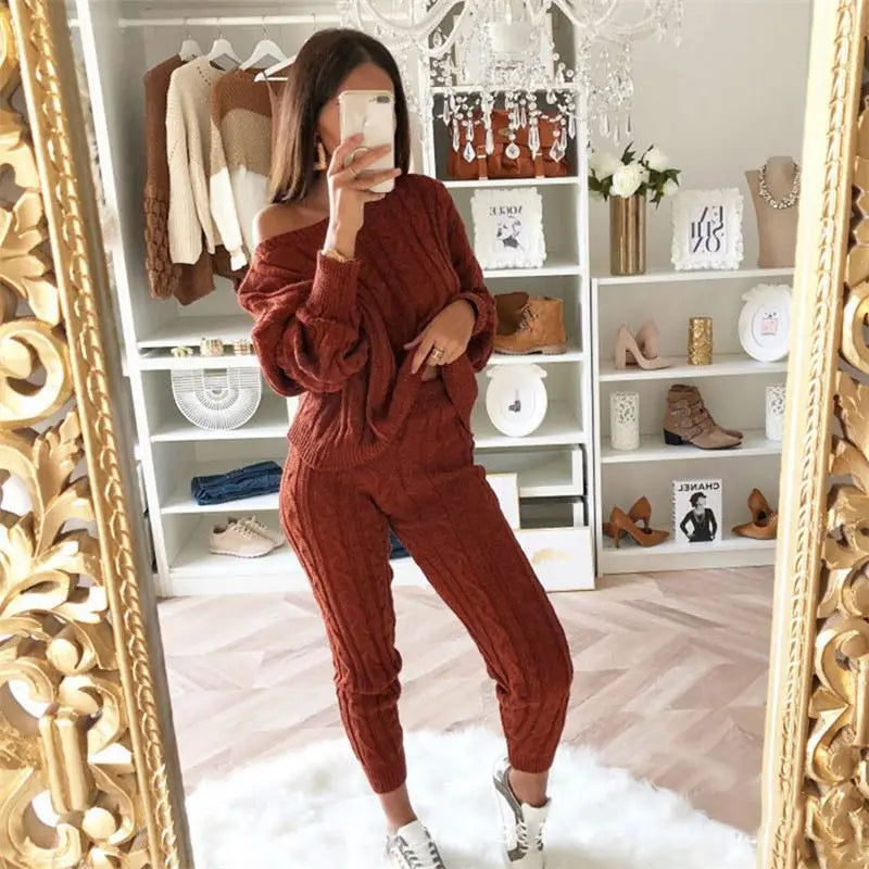 YP Women's Plus Size Casual Style S-334 Winter Thick Two-Piece Sweater and Pant Set 2 Piece Knitted Sweater Set