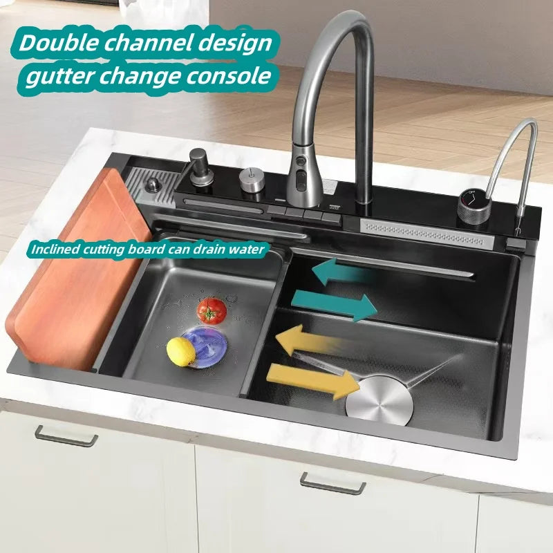Handmade Modern Stainless Steel Single Bowl Kitchen Sink Faucet Waterfall Digital Pull Design Cup Washer Smart Undermount Nano