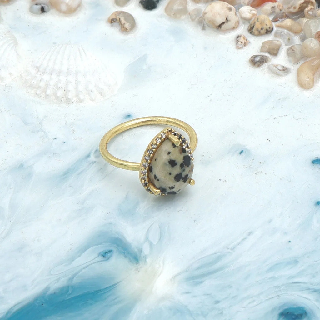 Dalmatian Jasper Gemstone Pear Bezel Set Adjustable Ring Unisex 18K Gold Plated Silver Jewelry Certified | Wedding Party |