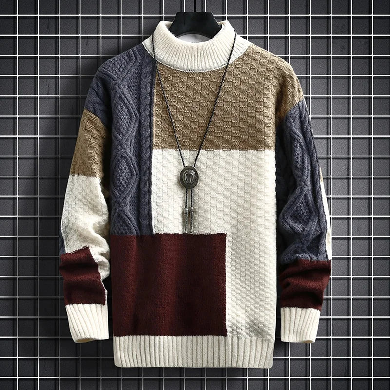 2023 Autumn and Winter New Sweater Warm Fashion Stitching Color Matching Pullover Round Neck Sweater Thickened Knitted Sweater