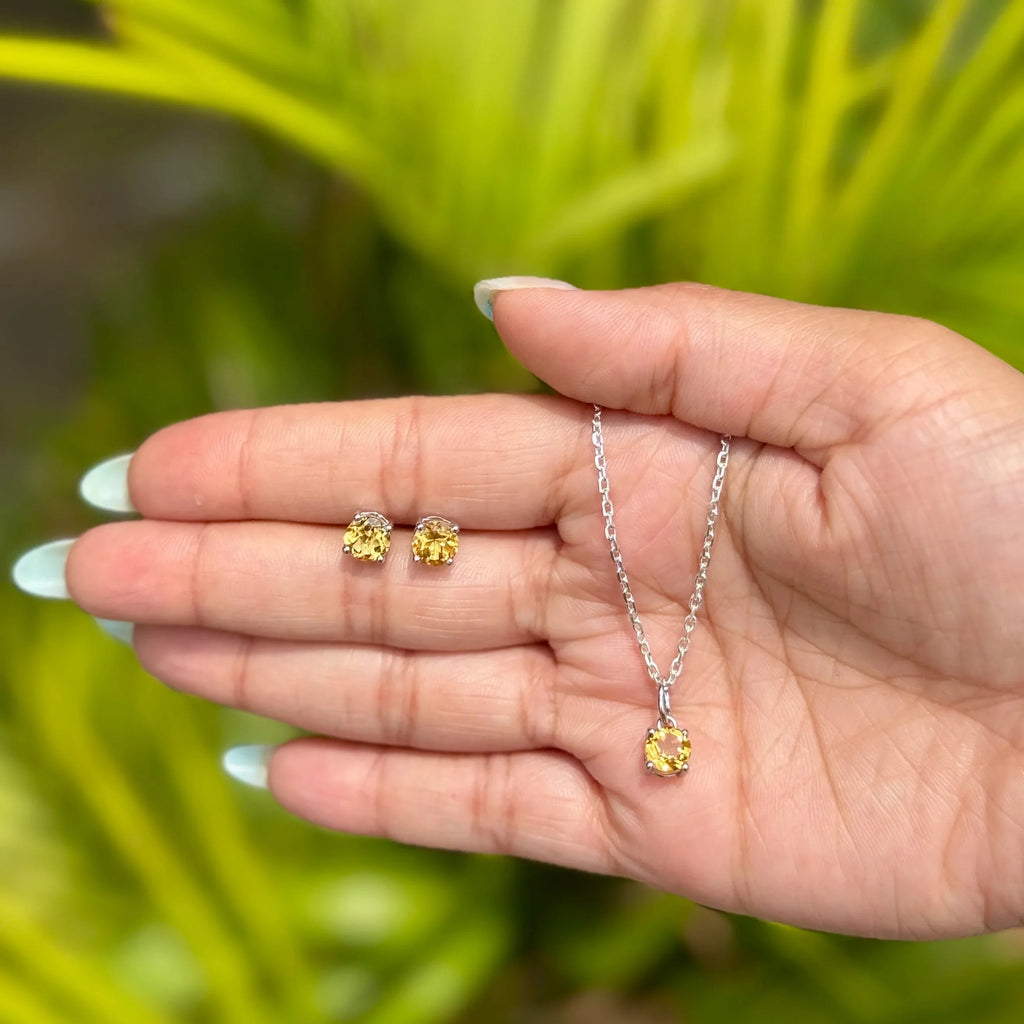 Gold Plated Sterling Silver Yellow Citrine Round-Cut Pendant Studs Set Engagement Wedding Party Anniversary Jewelry Everyday