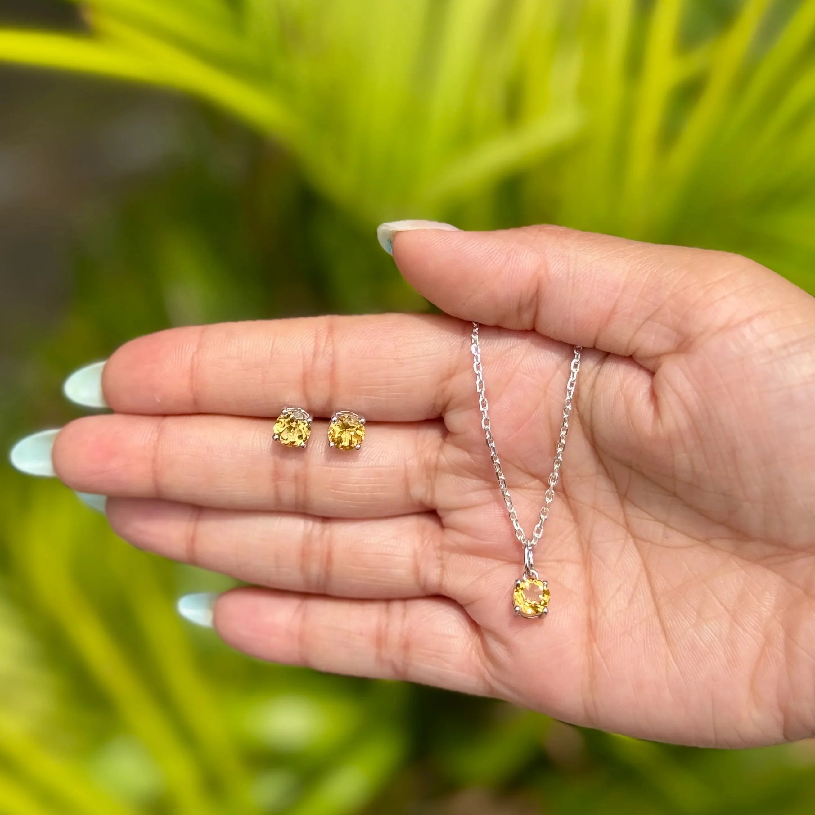 Gold Plated Sterling Silver Yellow Citrine Round-Cut Pendant Studs Set Engagement Wedding Party Anniversary Jewelry Everyday