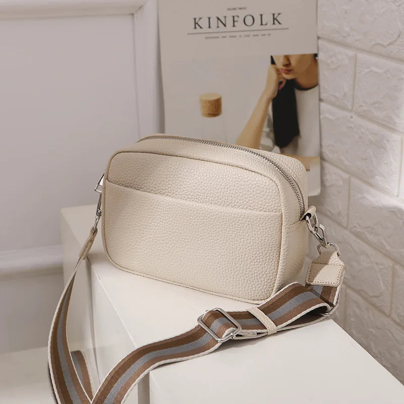Solid Square Women Crossbody Bags Wide Fabric Strap Bag Ladies Fashion Handbags Zipper Leather Women Shoulder Bags
