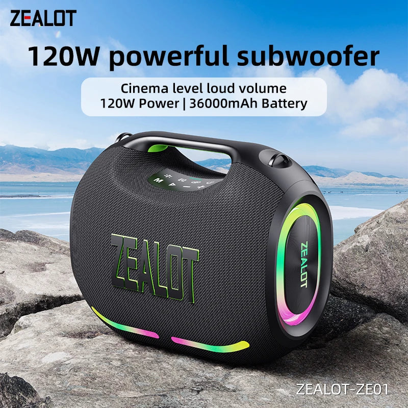 ZEALOT ZE01 120W Portable Speaker IPX6 Waterproof RGB Lights TWS Pairing USB/TF/AUX Party Speaker for Camping, Beach, Garage