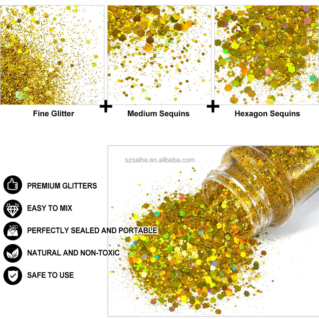 Hot Selling Solvent Resistance Mixed Chunky Glitter Bulk Nail Mugs Crafts Polyester Glitter in 2oz 24 Colors in Shaker