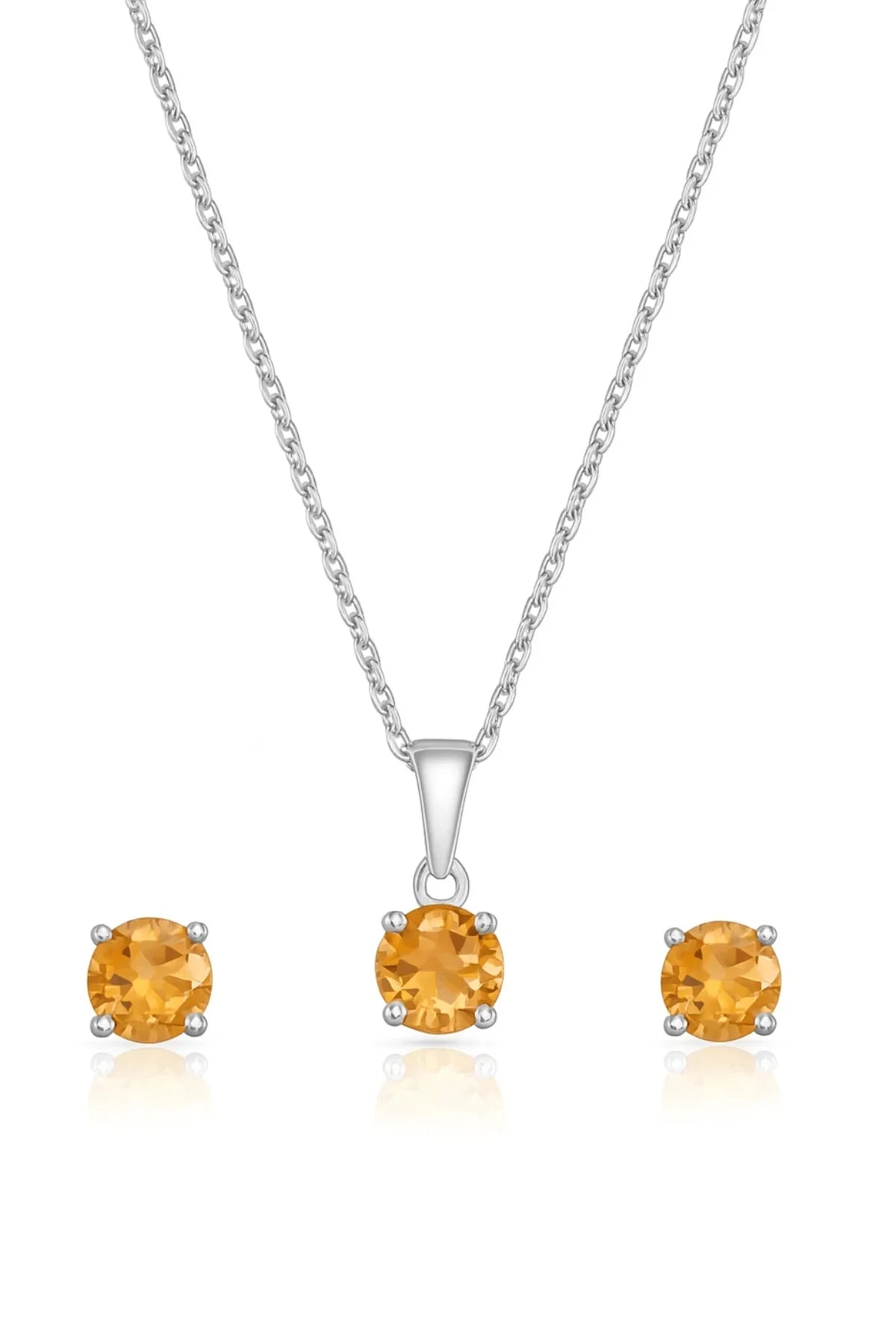 Gold Plated Sterling Silver Yellow Citrine Round-Cut Pendant Studs Set Engagement Wedding Party Anniversary Jewelry Everyday