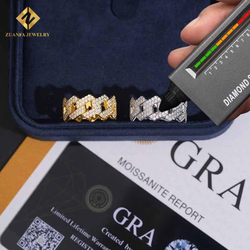 Hot Sale Fashion New Design Gold and Silver Moissanite  Ring Full Diamond GRA Certificates Pass Diamond Tester Hip Hop Style
