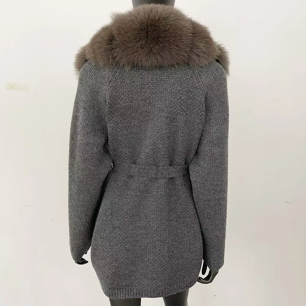 Women's New Spring Fashion Soft Midi Fox Fur Collar Knitted Cardigan Sweater Coat Casual Outerwear for Winter