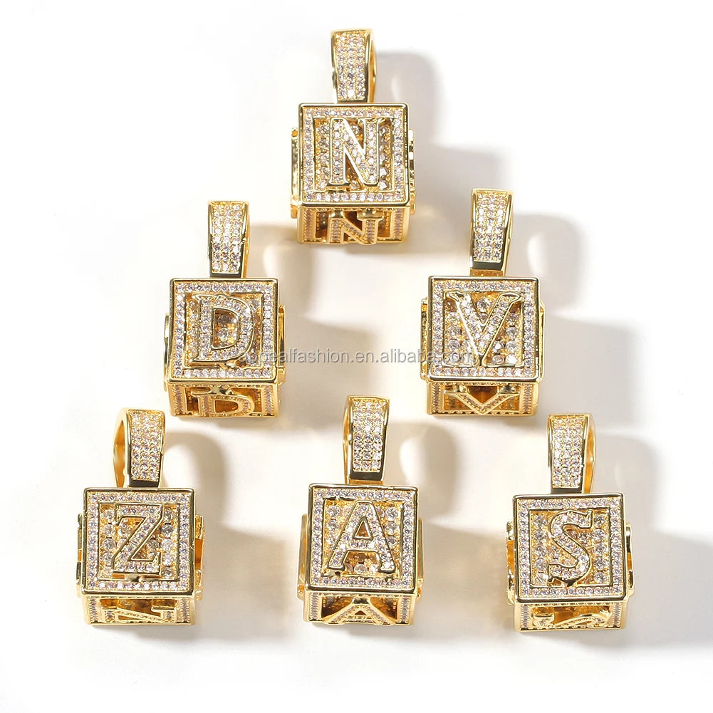 A-Z Single Stereoscopic Square Letter Pendant Initial Rapper Necklace Gold Silver Color Cubic Zircon Men Women Hip Hop Jewelry