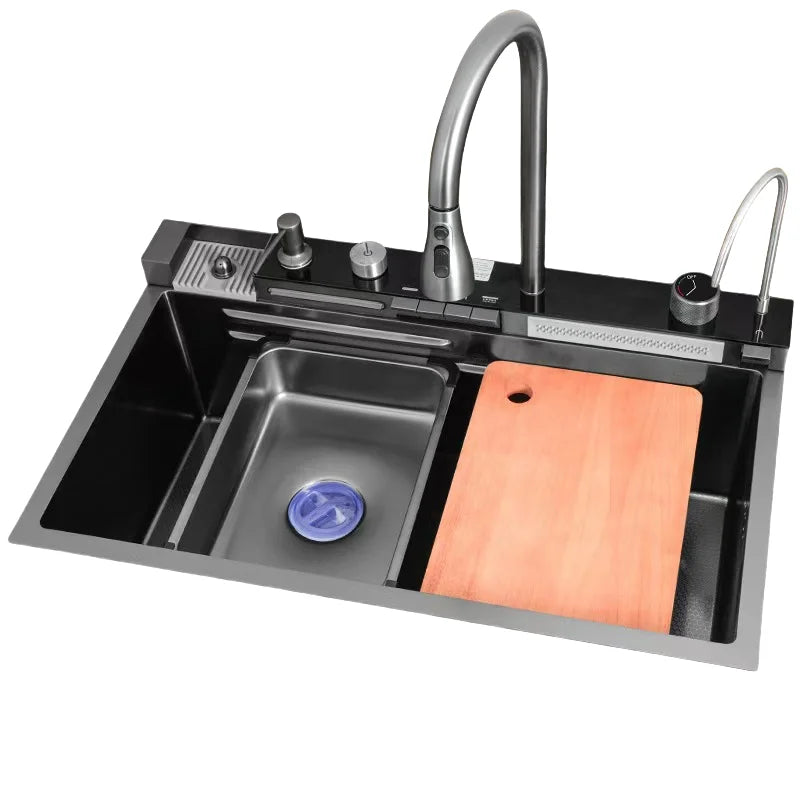 Handmade Modern Stainless Steel Single Bowl Kitchen Sink Faucet Waterfall Digital Pull Design Cup Washer Smart Undermount Nano