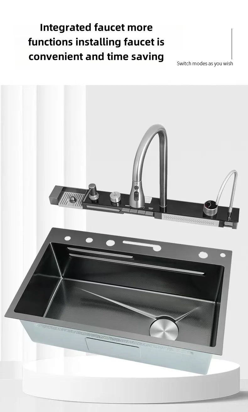 Handmade Modern Stainless Steel Single Bowl Kitchen Sink Faucet Waterfall Digital Pull Design Cup Washer Smart Undermount Nano