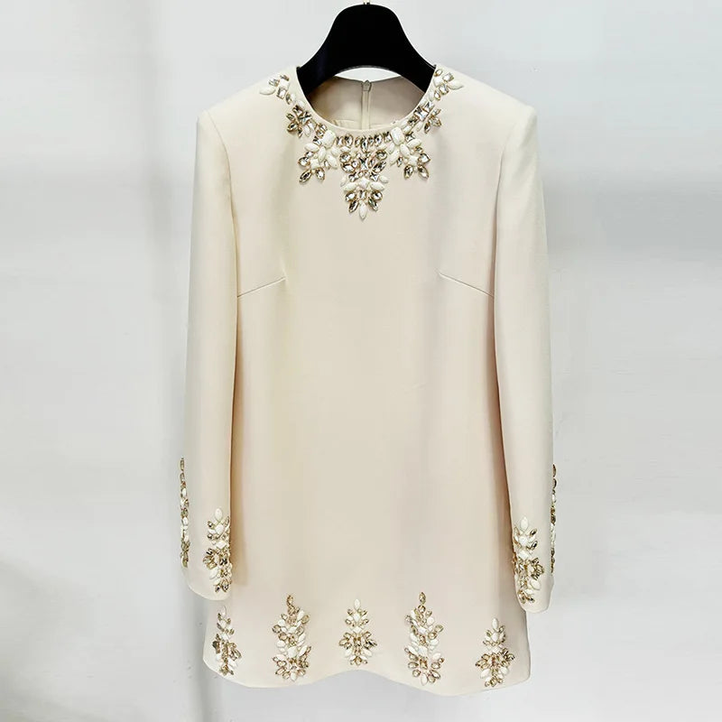 Bettergirl Autumn Winter New Female Star Temperament Fashion Heavy Industry Nail Beaded Diamond Long Sleeve Dress