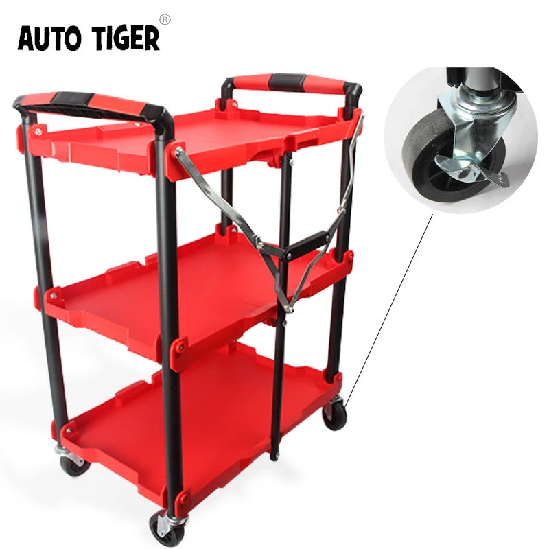 AUTO TIGER Red Newest Foldable in Three LayersMultifunction Plastic Rolling Cart Working Trolley Tools