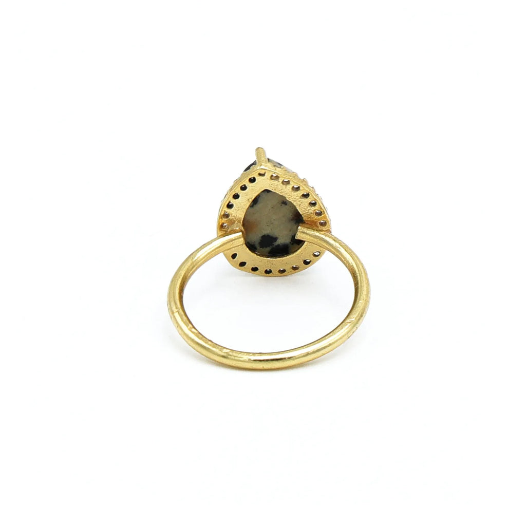 Dalmatian Jasper Gemstone Pear Bezel Set Adjustable Ring Unisex 18K Gold Plated Silver Jewelry Certified | Wedding Party |
