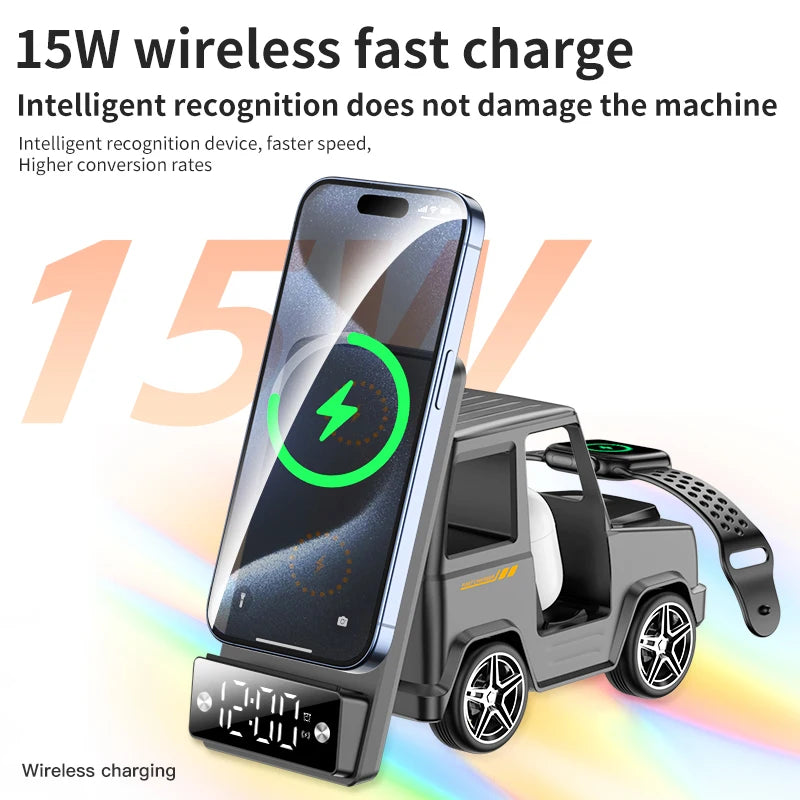 Hot Car Shape Wireless Charging Speaker 15w Charging Station With Speaker Transparent Wireless Charging Station With Alarm Clock