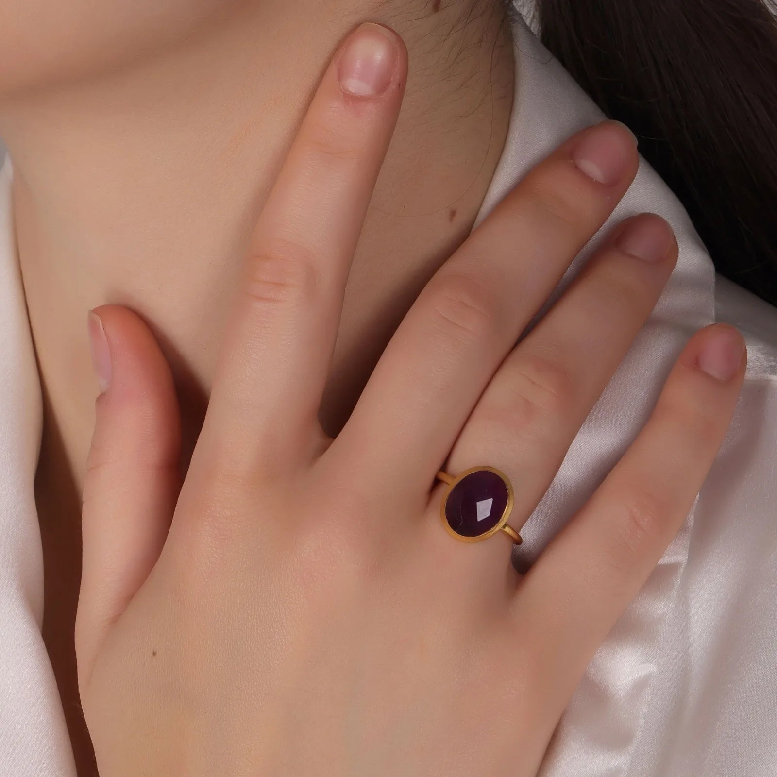 New Design Bezel Setting Amethyst Quartz Gold Plated 18K Handmade Brass Wedding Ring Trendy Third Party Appraised Unisex