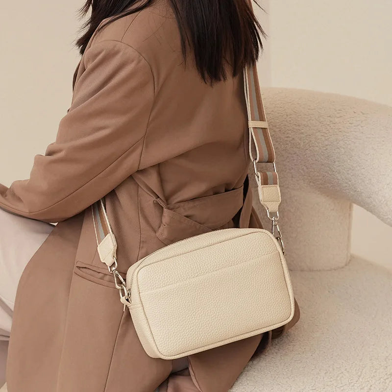 Solid Square Women Crossbody Bags Wide Fabric Strap Bag Ladies Fashion Handbags Zipper Leather Women Shoulder Bags