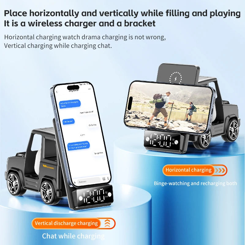 Hot Car Shape Wireless Charging Speaker 15w Charging Station With Speaker Transparent Wireless Charging Station With Alarm Clock