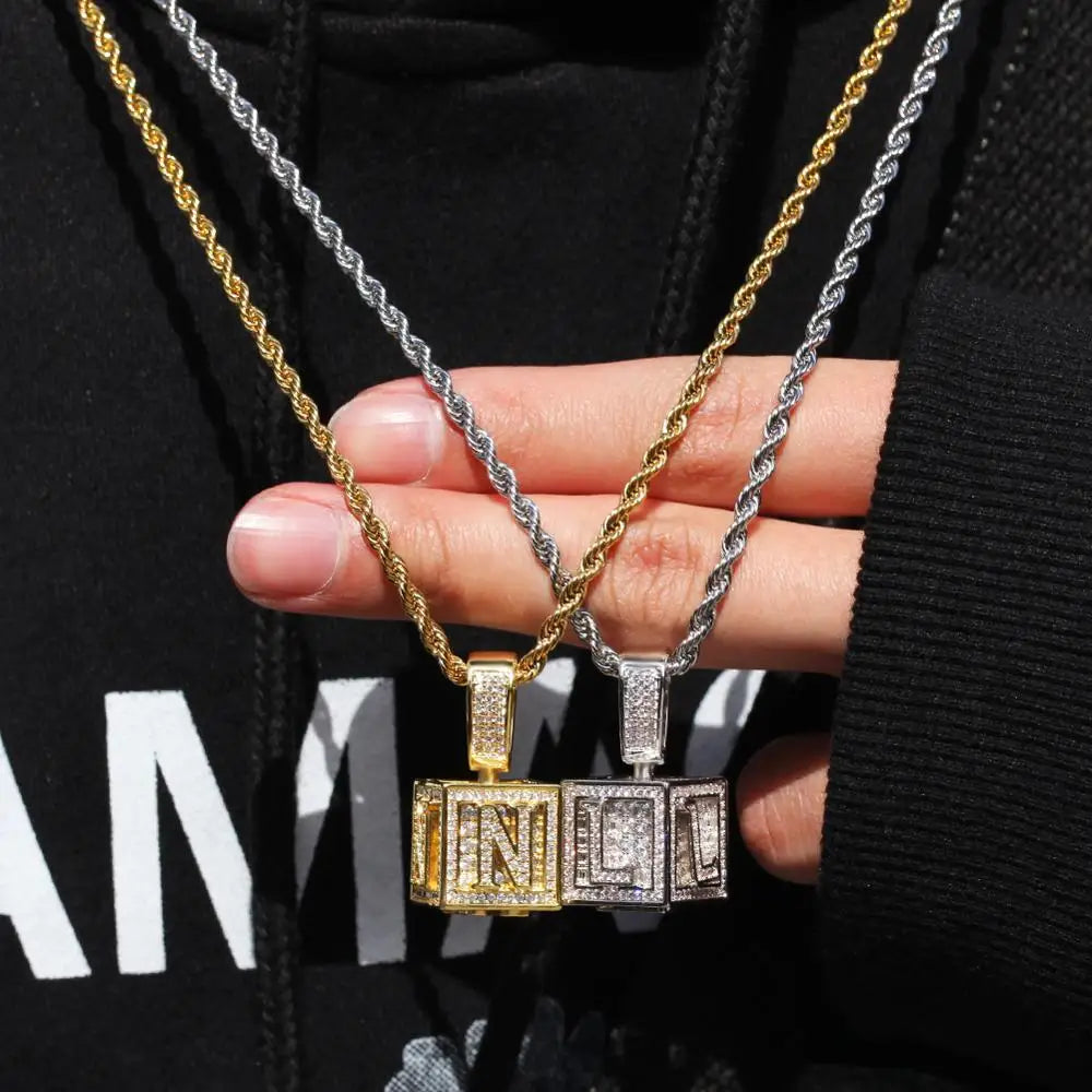 A-Z Single Stereoscopic Square Letter Pendant Initial Rapper Necklace Gold Silver Color Cubic Zircon Men Women Hip Hop Jewelry