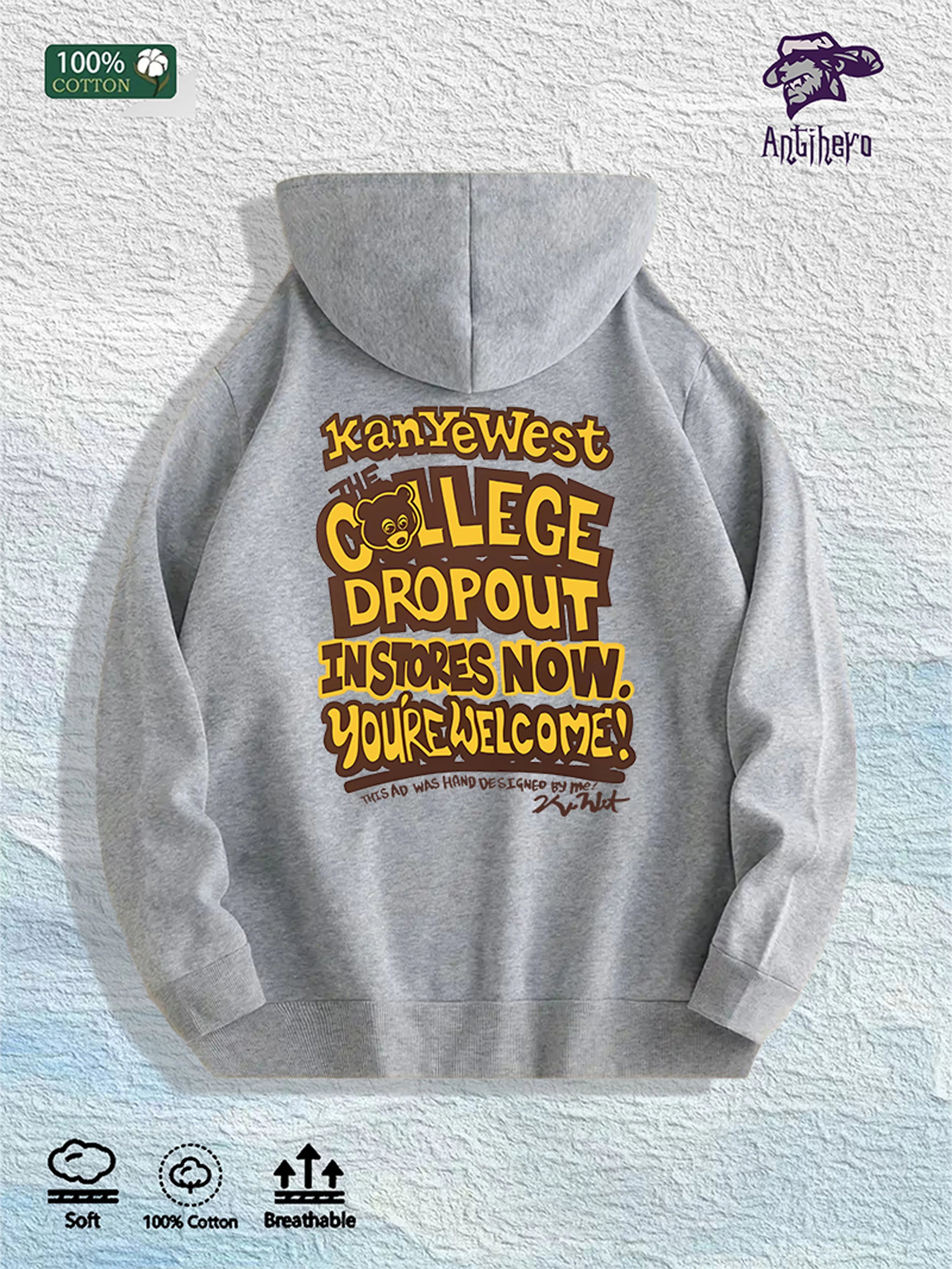 Kanye West "College Dropout" Graphic Hoodie 100% Cotton US Warehouse 7 Colors