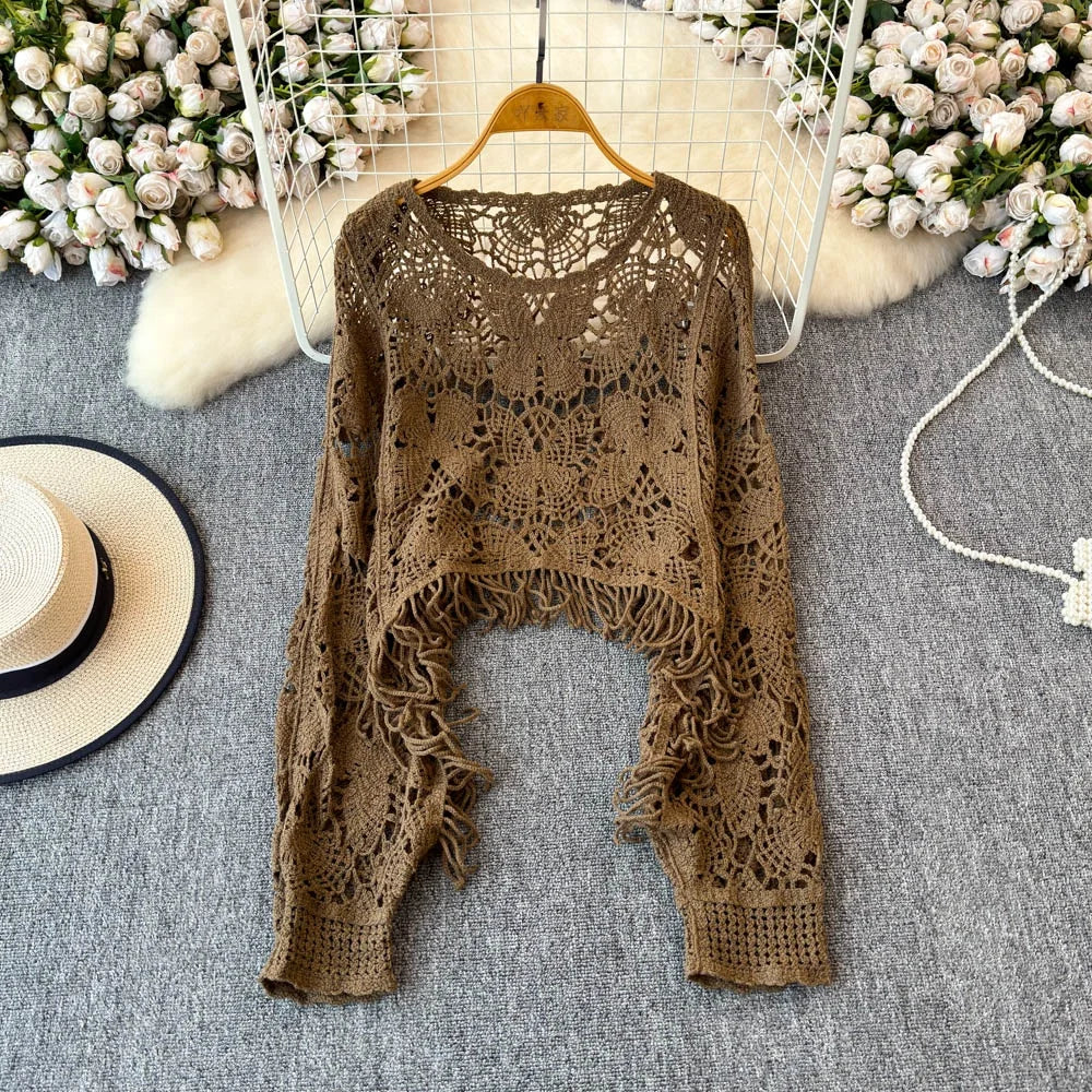 Women's Grey Embellished Beaded Ripped Sweater | Autumn/Winter 2025 Fashion | Irregular Knit French Cinched Waist Top