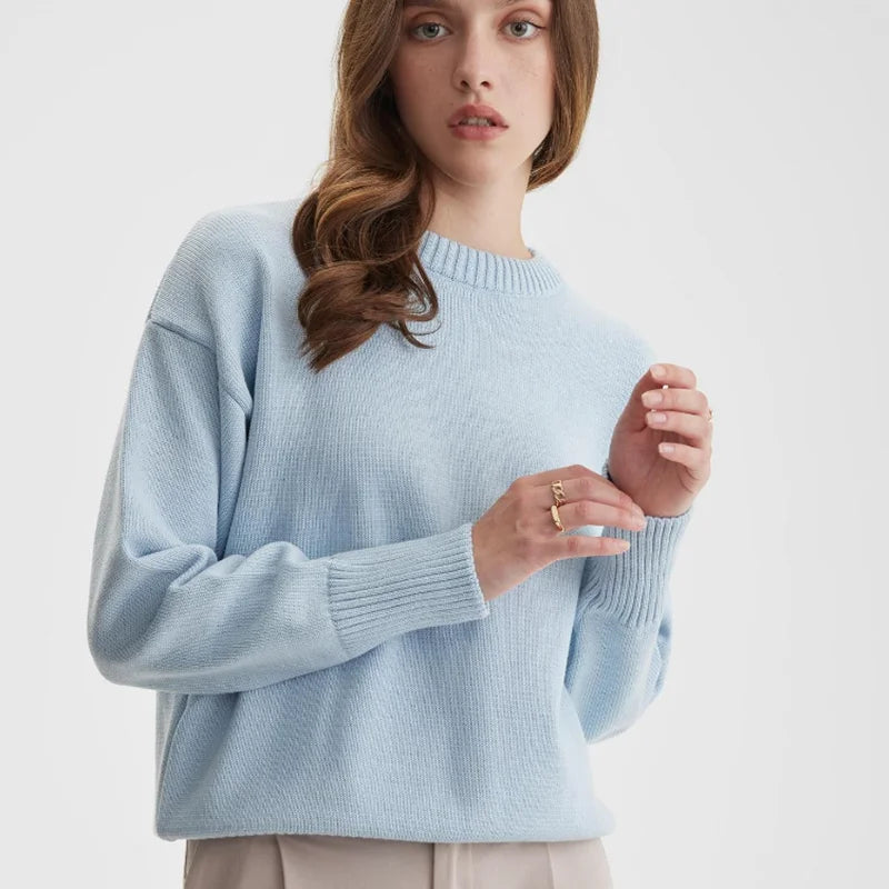 Women's Autumn New Crew Neck Solid Sweater Loose Long Sleeve Knitted Casual Pullover Versatile Top for Winter